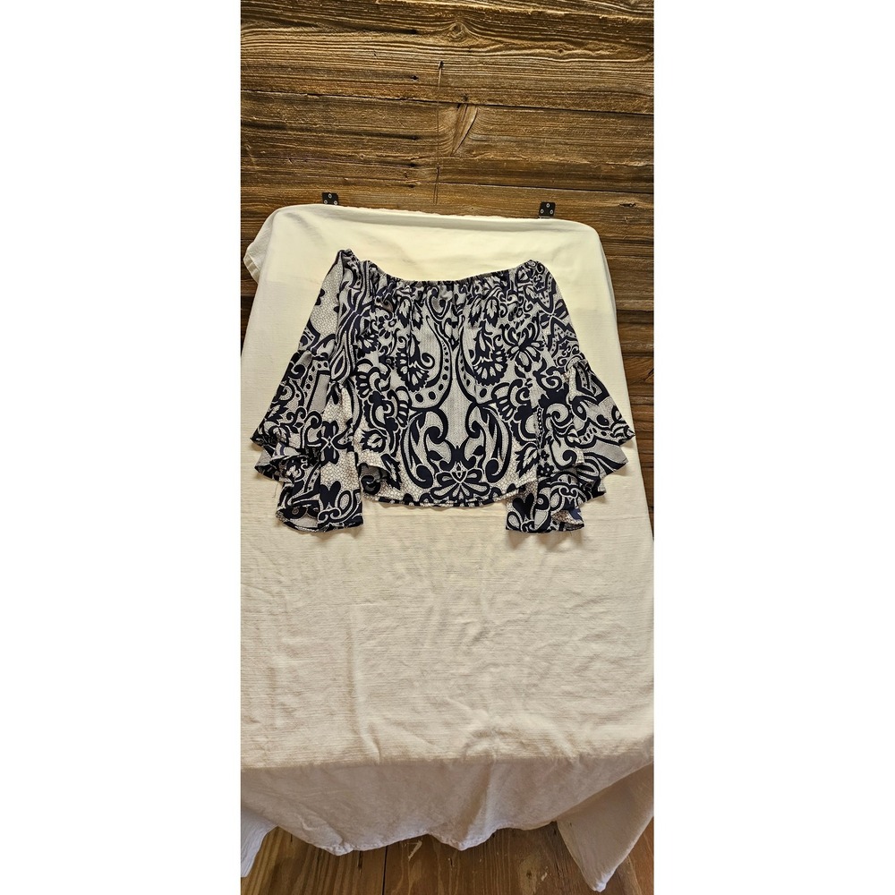 Cato Womens Off The Shoulder Bell Sleeve Paisley Blouse Navy Blue White 18/20W - Picture 5 of 5